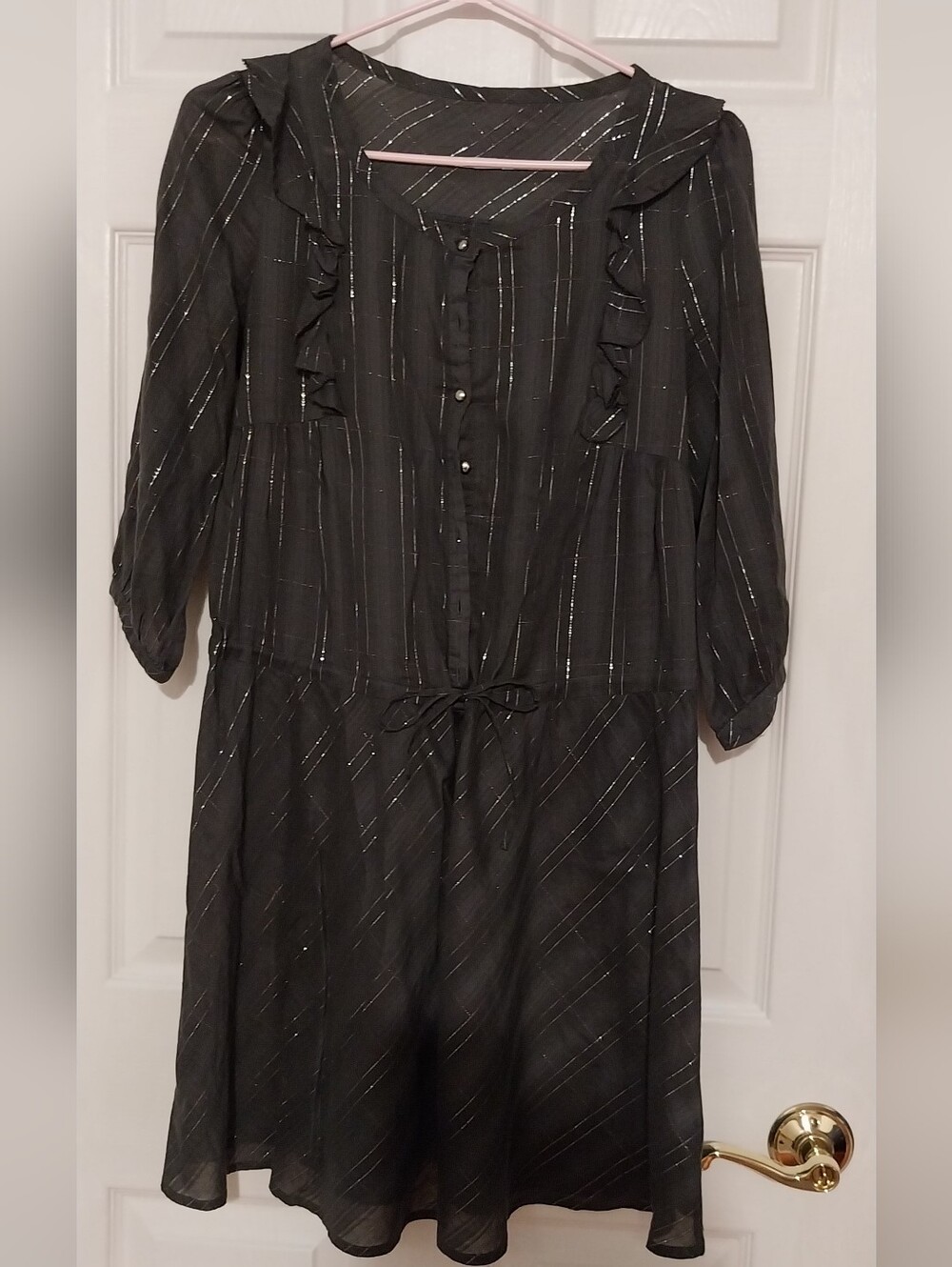 Grey Metallic Stripe Ruffle-Smock Dress - Women